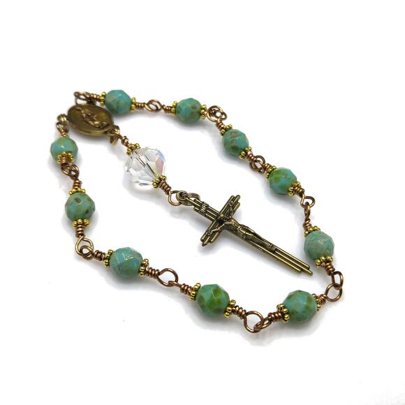 Holy Family One Decade Rosary, Bronze Crucifix, Crystal Beads - Picture 2 of 10